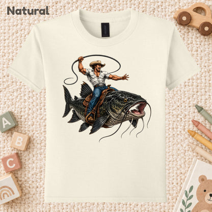 Cowboy Riding Catfish T-Shirt, Funny Fishing Rodeo Southern Graphic Tee for Toddler and Kids