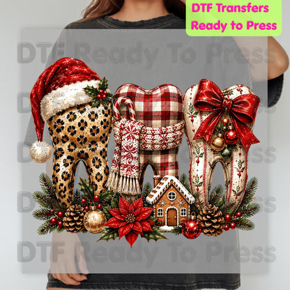 Christmas Dental Teeth DTF Transfers, Dentist Holiday Leopard Plaid Bow Ready to Press