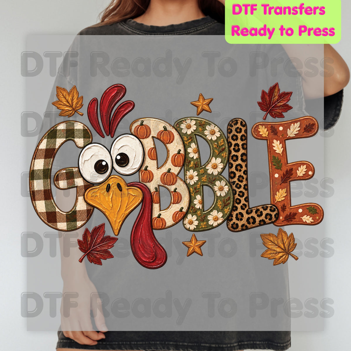 Thanksgiving DTF Transfer, Gobble Turkey Face, Plaid Leopard