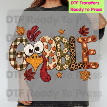 Thanksgiving DTF Transfer, Gobble Turkey Face, Plaid Leopard