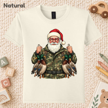 Duck Hunting Christmas T-Shirt, Santa Duck with Camo Mallards Graphic Tee, Funny Hunting Holiday Shirt