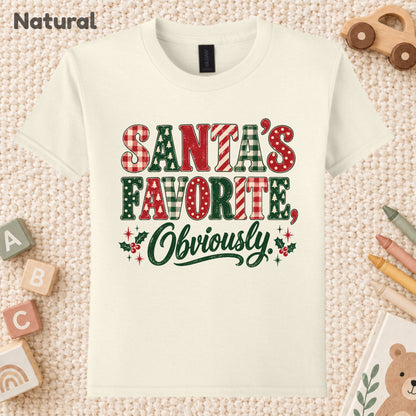 Santa’s Favorite T-Shirt, Funny Christmas Plaid Lettering and Holly Graphic Tee, Holiday Shirt