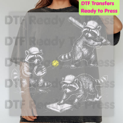 Baseball DTF Transfer, Raccoons Playing Baseball with Yellow Ball Graphic