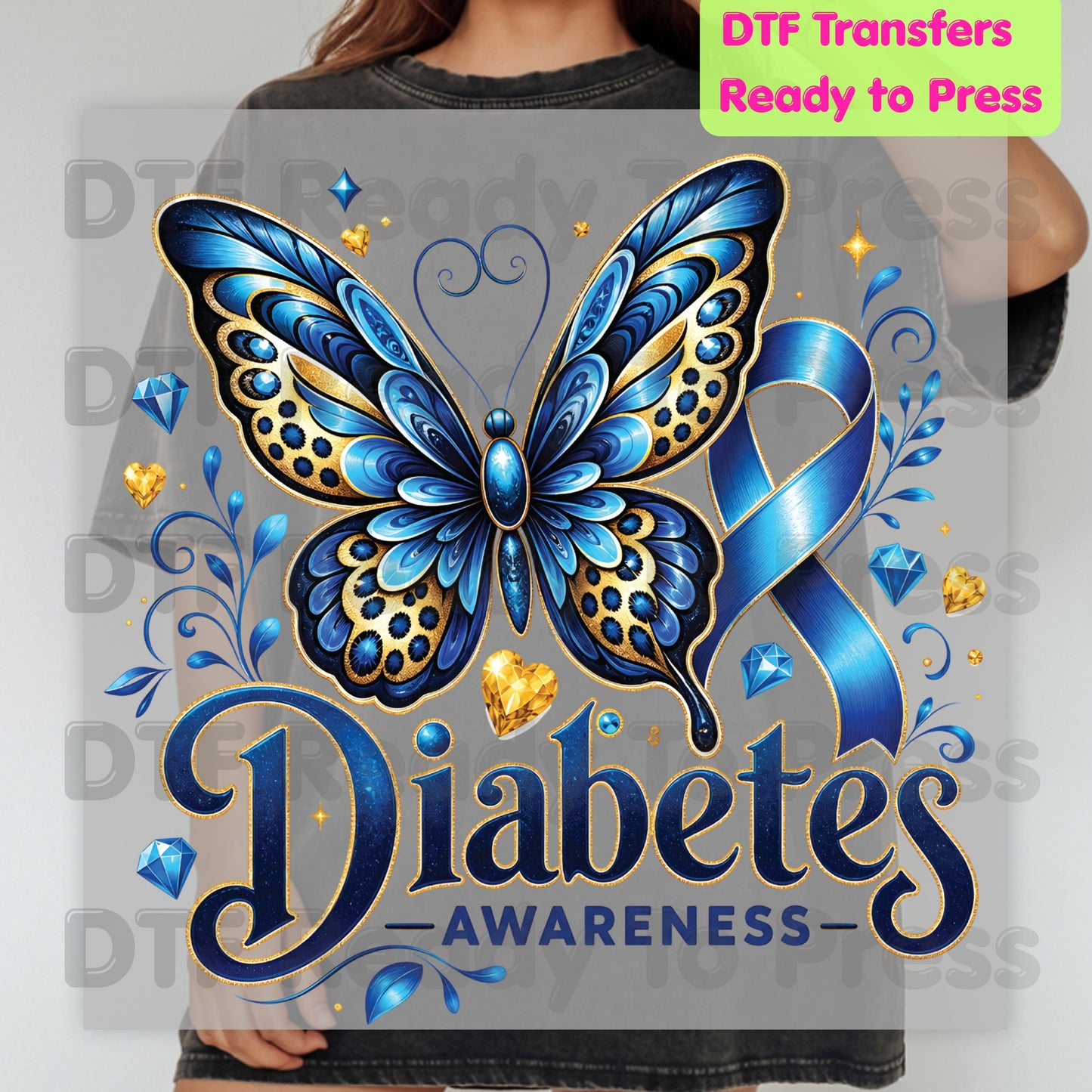 Diabetes Awareness DTF Transfer Ready to Press Blue Butterfly Ribbon Gold Gems Heat Transfer Tee Print Direct to Film Transfer
