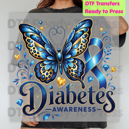 Diabetes Awareness DTF Transfer Ready to Press Blue Butterfly Ribbon Gold Gems Heat Transfer Tee Print Direct to Film Transfer