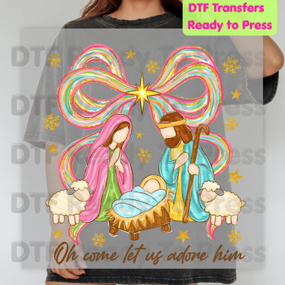 Christian Nativity Oh Come Let Us Adore Him DTF Transfer Ready to Press Nativity Scene Heat Transfer For Shirts Colorful Christmas Bow Christian Jesus Print
