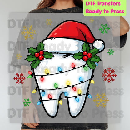 Christmas Tooth Santa Hat DTF Transfers, Dental Holiday Lights Snowflake Festive Ready to Press