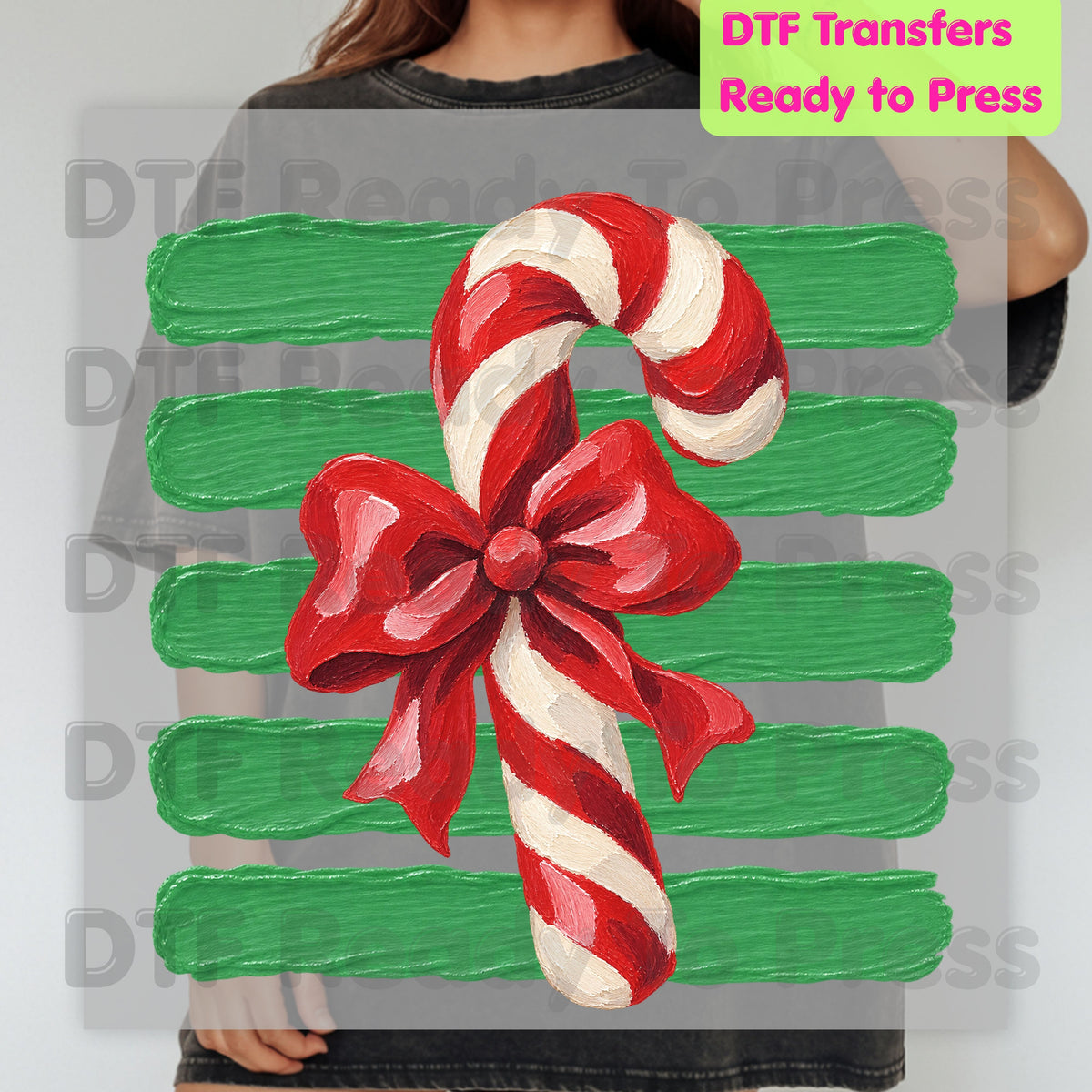 Candy Cane DTF Transfers, Red Bow Green Striped Background Vintage Christmas Holiday Ready to Press
