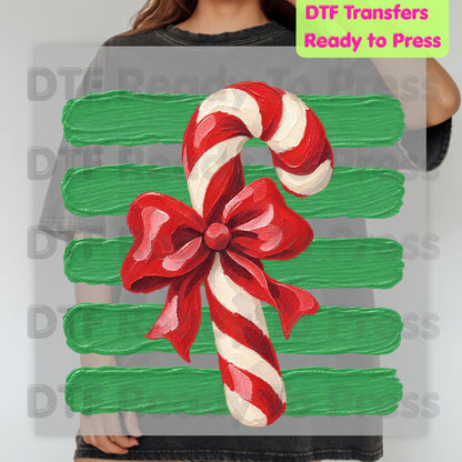 Candy Cane DTF Transfers, Red Bow Green Striped Background Vintage Christmas Holiday Ready to Press