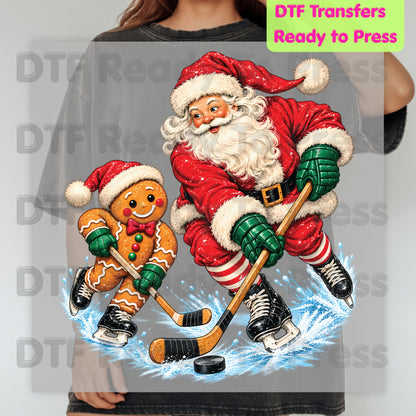 Christmas DTF Transfer, Santa and Gingerbread Man Playing Hockey, Holiday Sports Graphic