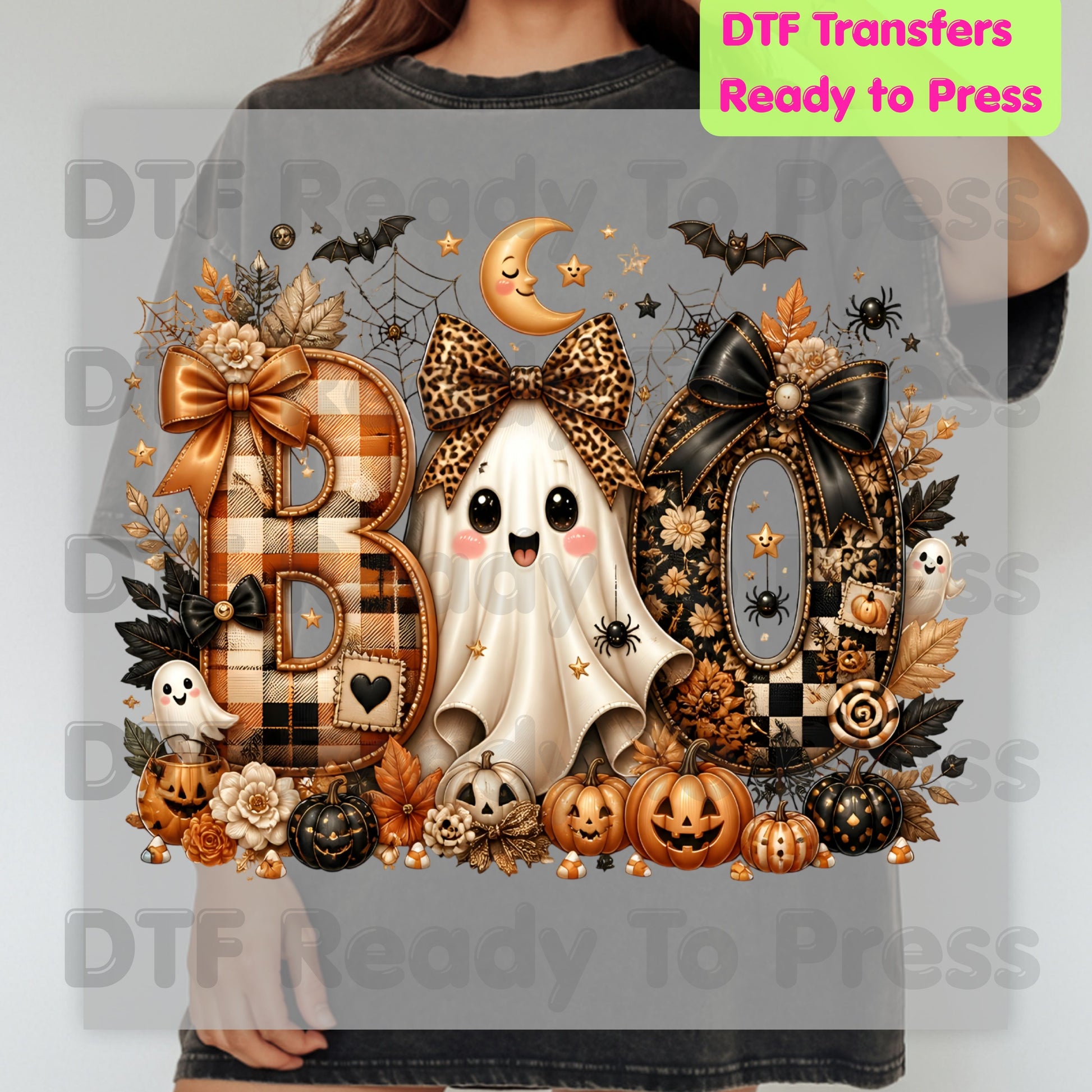 Halloween Boo Ghost DTF Transfers, Cute Bows Orange Plaid Leopard Spooky Season Ready to Press