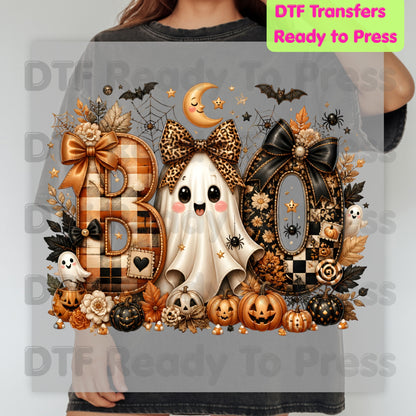 Halloween Boo Ghost DTF Transfers, Cute Bows Orange Plaid Leopard Spooky Season Ready to Press