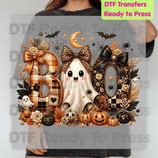 Halloween Boo Ghost DTF Transfers, Cute Bows Orange Plaid Leopard Spooky Season Ready to Press