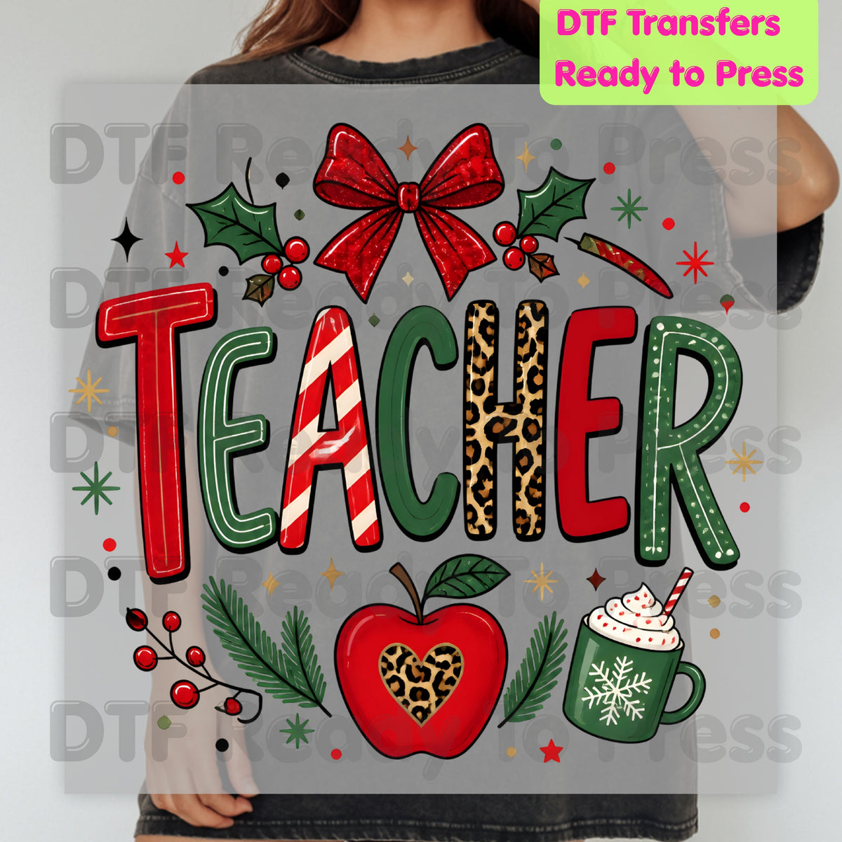 Christmas Teacher DTF Transfers, School Red Bow Apple Cocoa Leopard Holiday Ready to Press