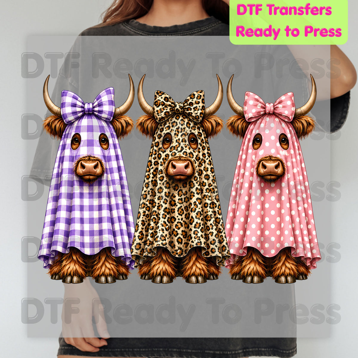 Highland Cow Ghost DTF Transfers, Halloween Spooky Cow Leopard Polka Dot Bow Ready to Press
