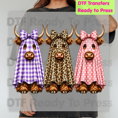 Highland Cow Ghost DTF Transfers, Halloween Spooky Cow Leopard Polka Dot Bow Ready to Press