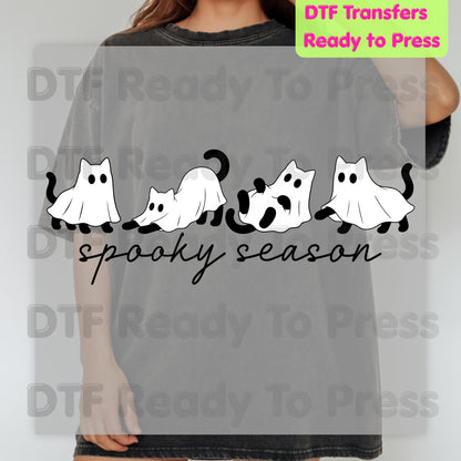Spooky Season Ghost Cats DTF Transfers, Black Cats Sheet Ghost Line Art Minimalist Ready to Press