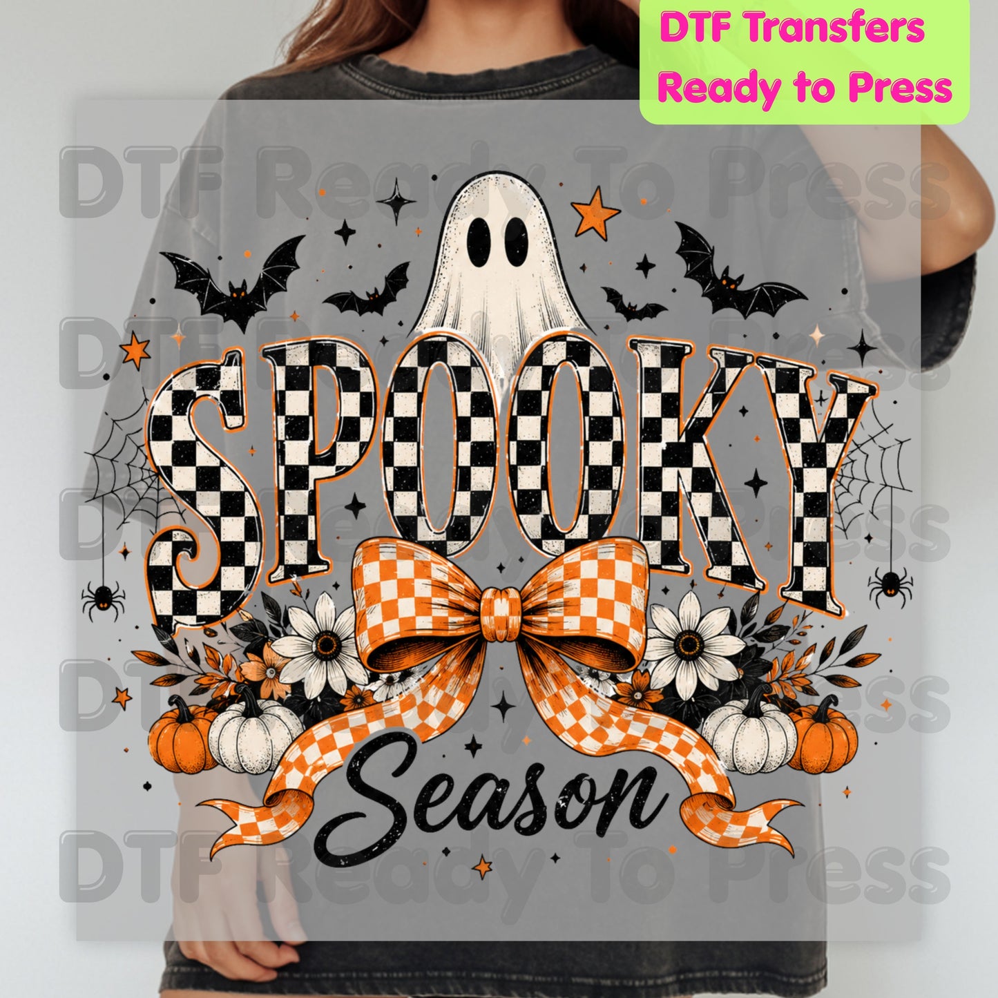 Halloween Spooky Season DTF Transfers, Checkered Bow Cute Ghost Bats Orange Plaid Pumpkins Ready to Press