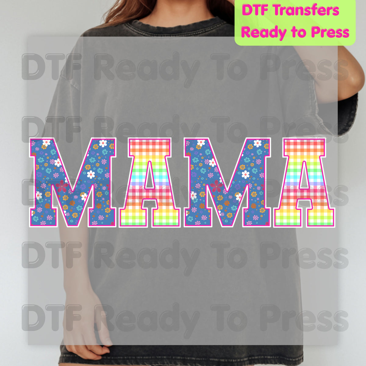 Mama DTF Transfers, Floral Plaid Rainbow Pastel Retro Mama Ready to Press
