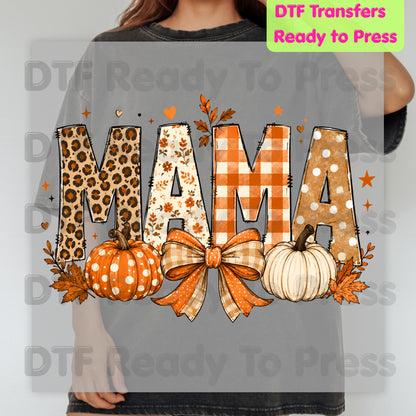 Fall Mama Pumpkin DTF Transfers, Leopard Plaid Varsity Letters Autumn Leaves Bow Thanksgiving Mom