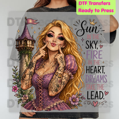 Sun in the Sky Dreams DTF Transfers, Tattooed Princess Tower Inspirational Quote Ready to Press
