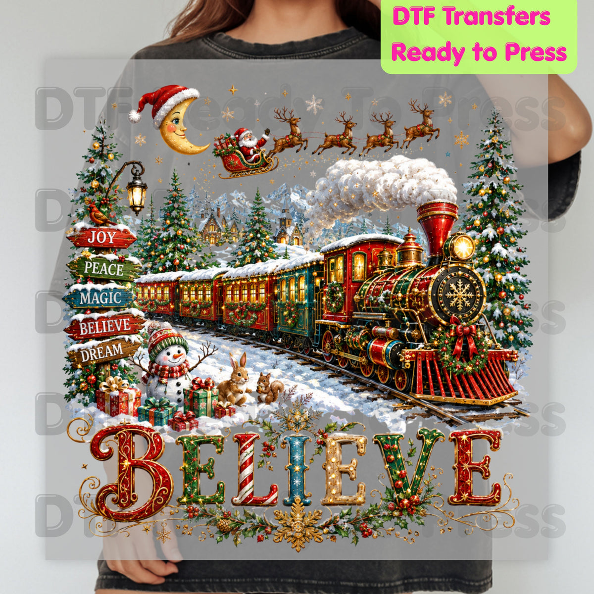 Believe Christmas Express DTF Transfers, Santa Sleigh Vintage Holiday Train Ready to Press