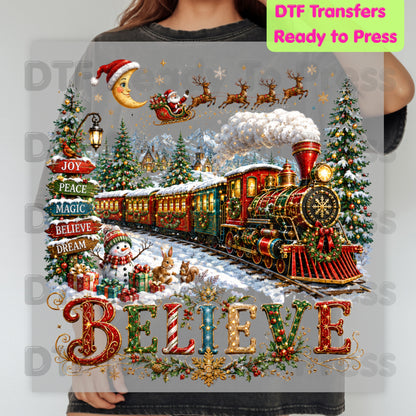 Believe Christmas Express DTF Transfers, Santa Sleigh Vintage Holiday Train Ready to Press