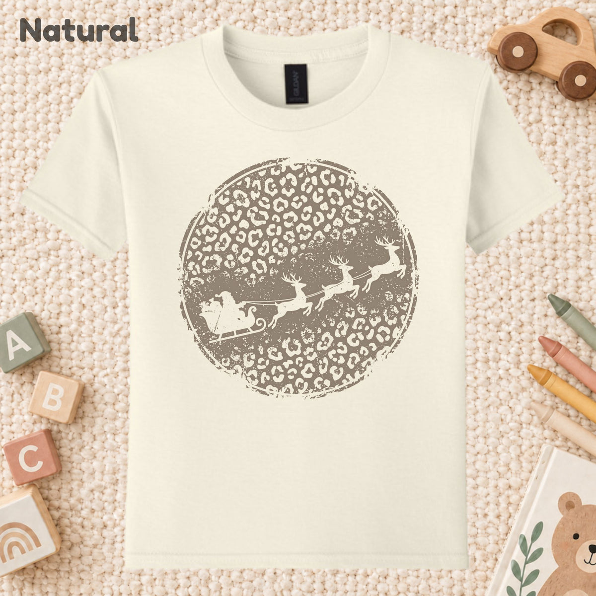 Leopard Print Santa Sleigh T-Shirt, Christmas Reindeer Graphic Tee, Trendy Holiday Shirt