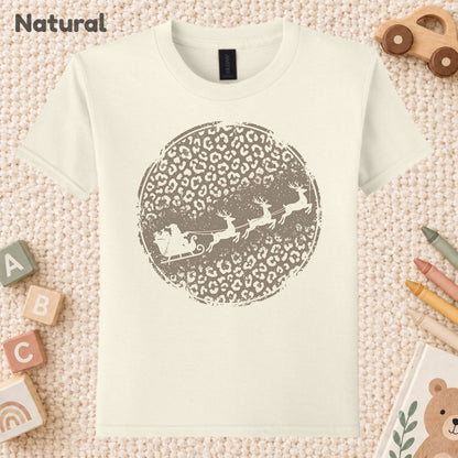 Leopard Print Santa Sleigh T-Shirt, Christmas Reindeer Graphic Tee, Trendy Holiday Shirt