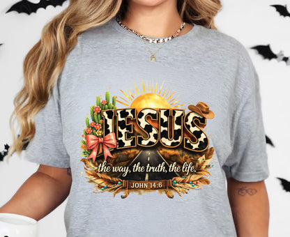 Jesus John 14:6 T Shirt Western Cow Print Tee Christian Way Truth Life Shirt Religious Gift Adult Youth Toddler Baby Boho Cowboy Apparel