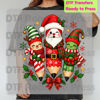 Christmas Teacher Pencils DTF Transfers, Holiday School Elf Santa Cute Teacher Ready to Press