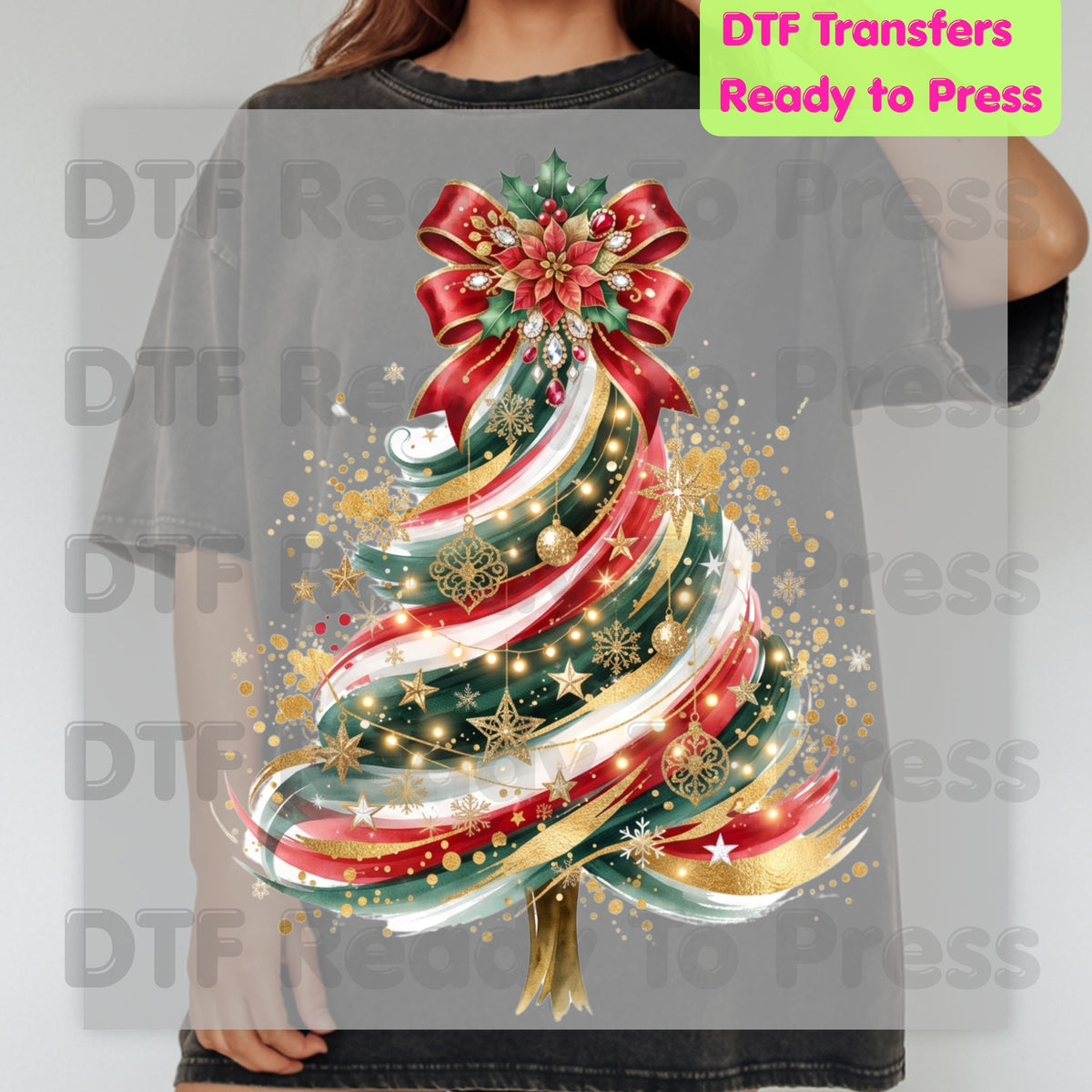 Christmas Tree DTF Transfers, Elegant Ribbon Bow Gold Glitter Holiday Ready to Press