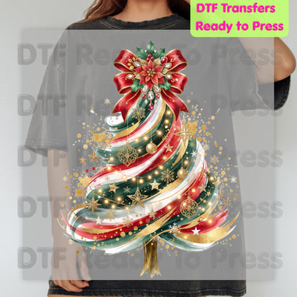Christmas Tree DTF Transfers, Elegant Ribbon Bow Gold Glitter Holiday Ready to Press