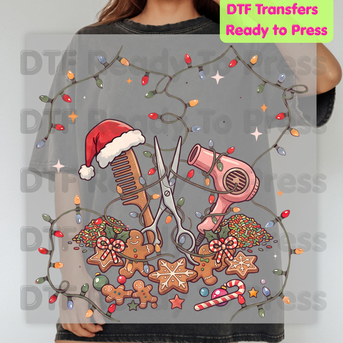 Christmas Hairstylist Gingerbread DTF Transfers, Salon Scissors Dryer Holiday Lights Ready to Press