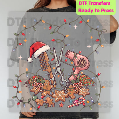 Christmas Hairstylist Gingerbread DTF Transfers, Salon Scissors Dryer Holiday Lights Ready to Press