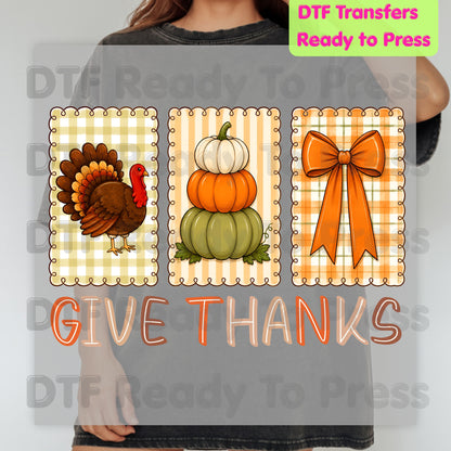 Thanksgiving DTF Transfer Ready to Press Give Thanks Turkey Stacked Pumpkins Coquette Bow Heat Transfer Shirts Autumn Clothing