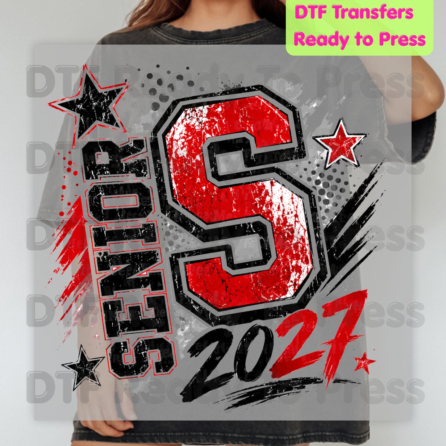 Senior 2027 DTF Transfers, Class of 2027 Red Black Distressed Letter Graduation Ready to Press