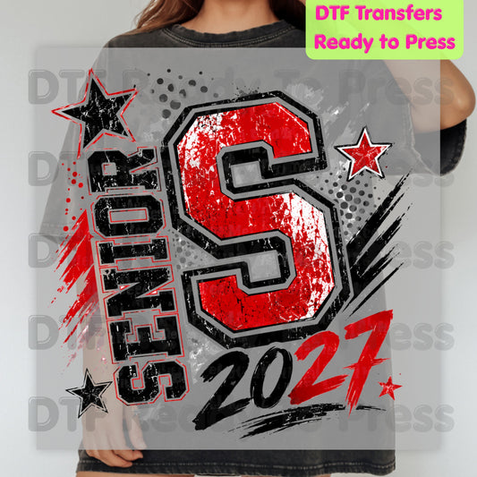 Senior 2027 DTF Transfers, Class of 2027 Red Black Distressed Letter Graduation Ready to Press