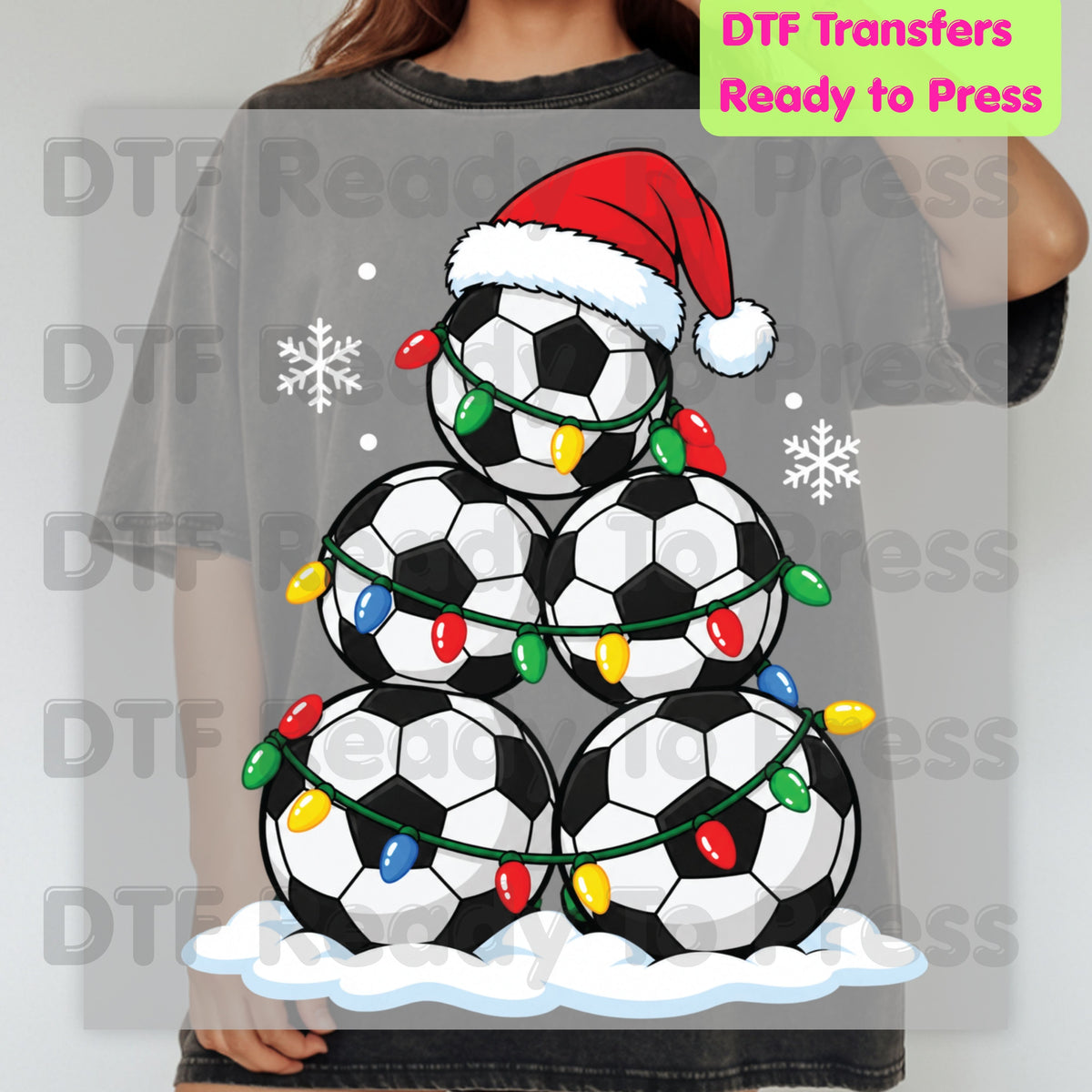 Christmas DTF Transfer, Soccer Ball Christmas Tree, Santa Hat and Lights Graphic