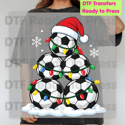 Christmas DTF Transfer, Soccer Ball Christmas Tree, Santa Hat and Lights Graphic