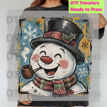 Vintage Snowman DTF Transfers, Top Hat Pipe Snowflakes Scarf Christmas Ready to Press