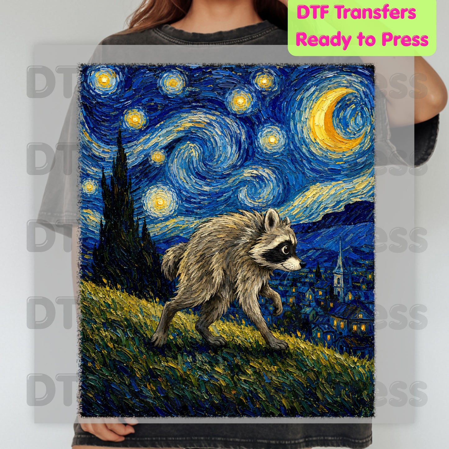 Starry Night Raccoon DTF Transfers, Oil Painting Van Gogh Style Funny Wildlife Art Ready to Press