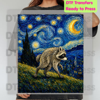 Starry Night Raccoon DTF Transfers, Oil Painting Van Gogh Style Funny Wildlife Art Ready to Press