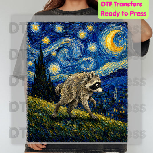 Starry Night Raccoon DTF Transfers, Oil Painting Van Gogh Style Funny Wildlife Art Ready to Press