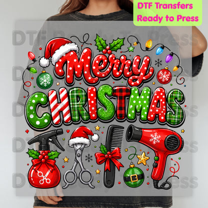 Merry Christmas Hairstylist DTF Transfers, Salon Holiday Scissors Hair Dryer Hairdresser Ready to Press