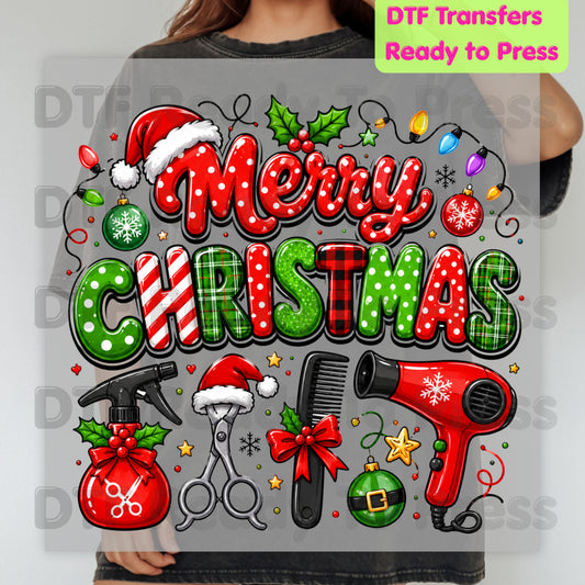 Merry Christmas Hairstylist DTF Transfers, Salon Holiday Scissors Hair Dryer Hairdresser Ready to Press