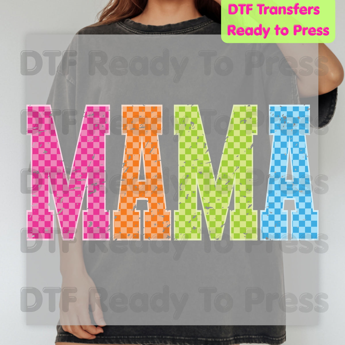 Mama DTF Transfers, Colorful Checkered Retro Distressed Mama Ready to Press