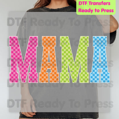 Mama DTF Transfers, Colorful Checkered Retro Distressed Mama Ready to Press