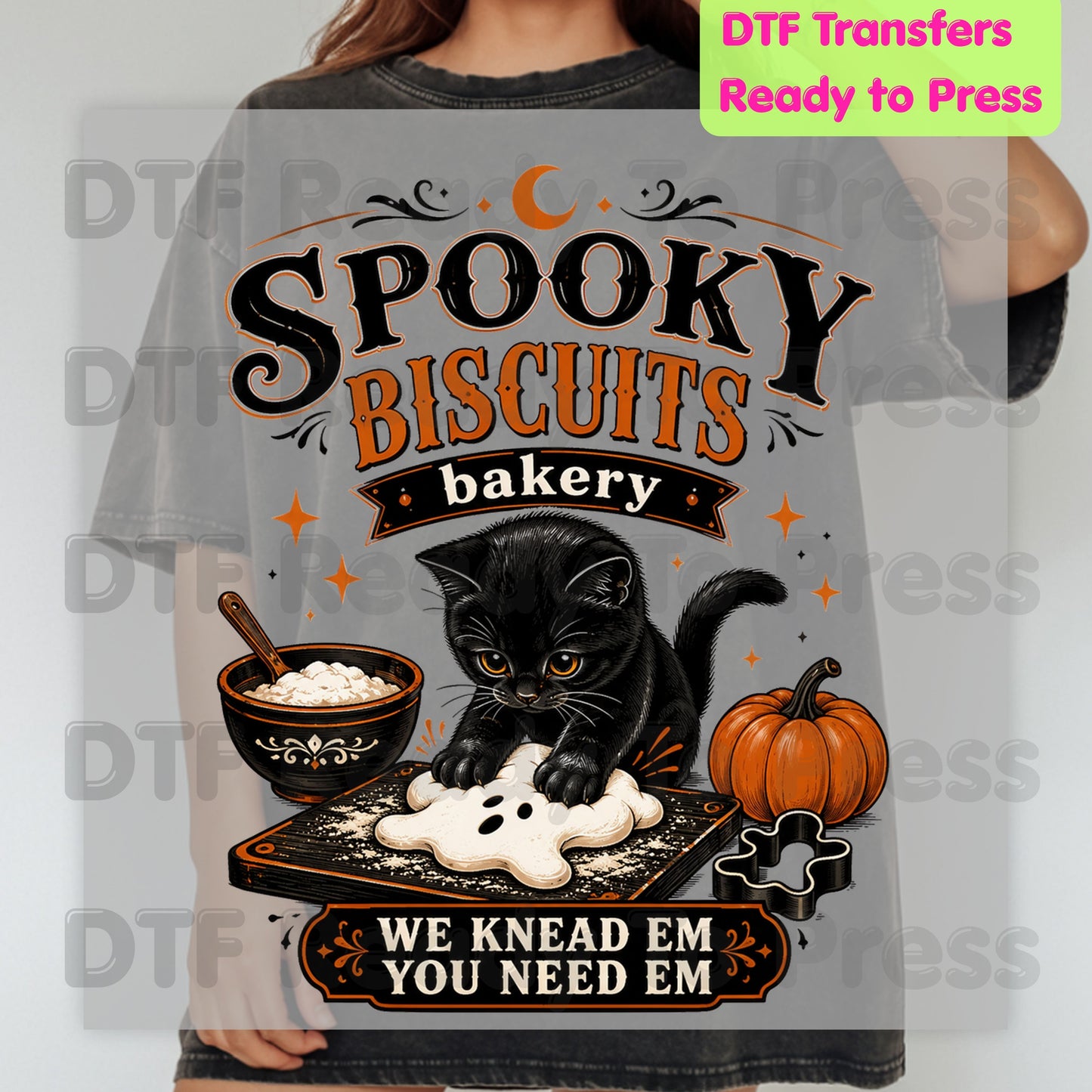 Spooky Cat lady Baker DTF Transfers Funny Halloween Biscuits Bakery Knead Pumpkins Ready to Press
