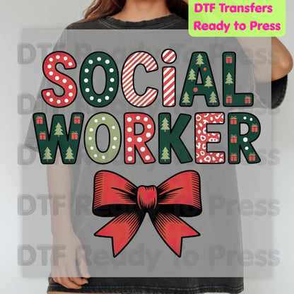 Christmas Social Worker DTF Transfers, Holiday Social Work Red Bow Pattern Ready to Press